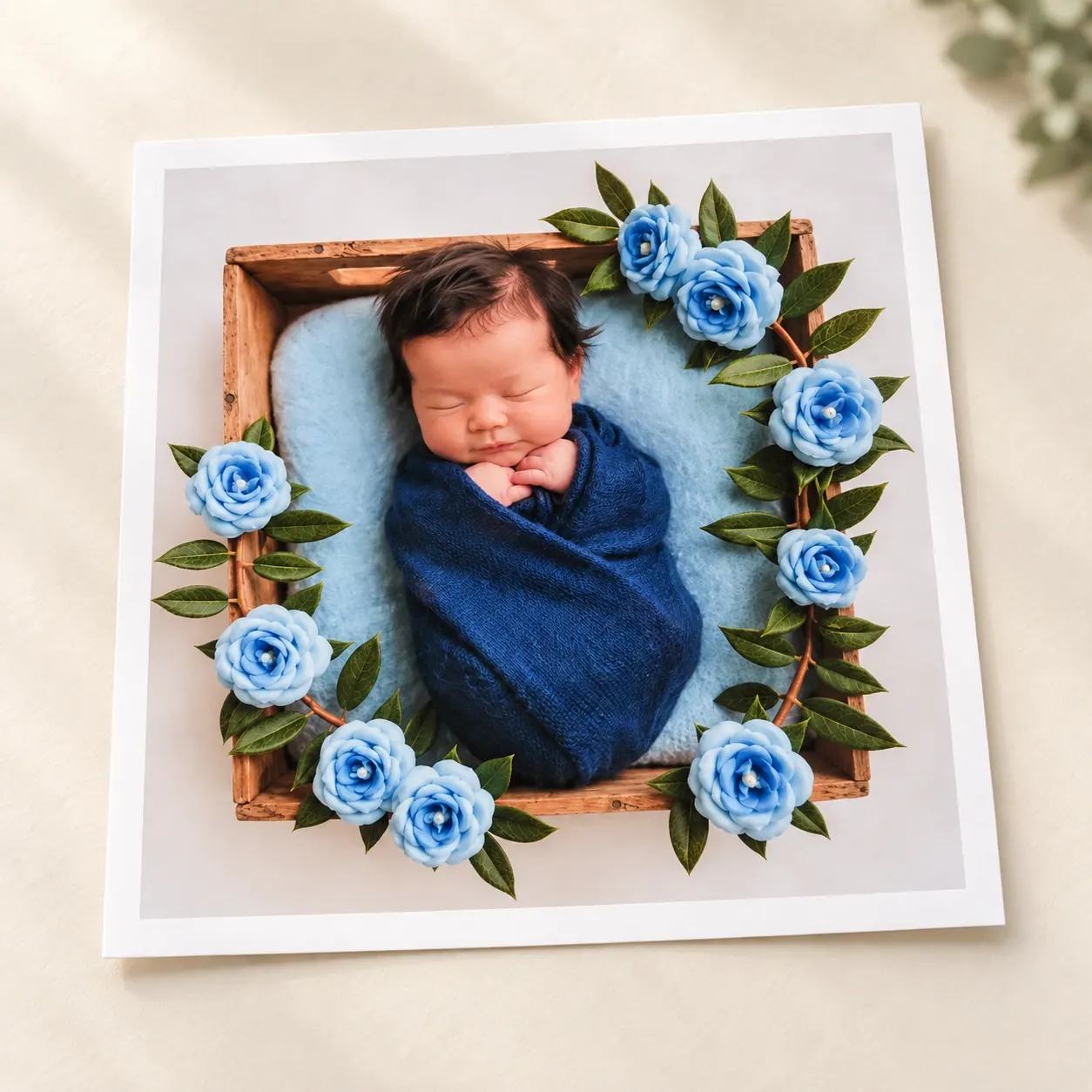 Square blue floral newborn photo with a white paper margin, displayed on a warm neutral surface.