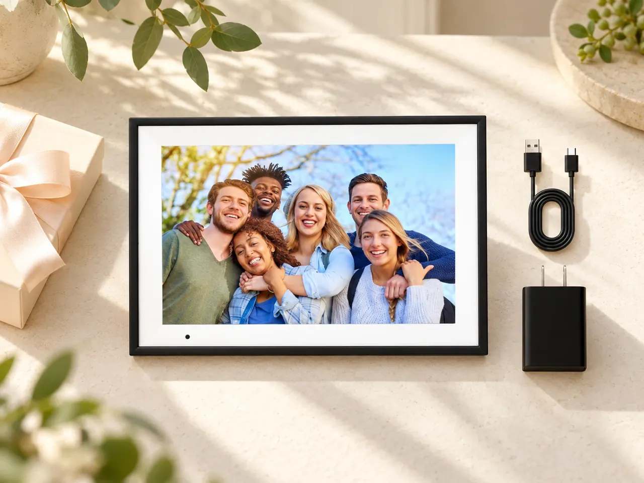 Digital frame showing a group of friends, arranged beside the pictured power adapter and cable on a cream surface.