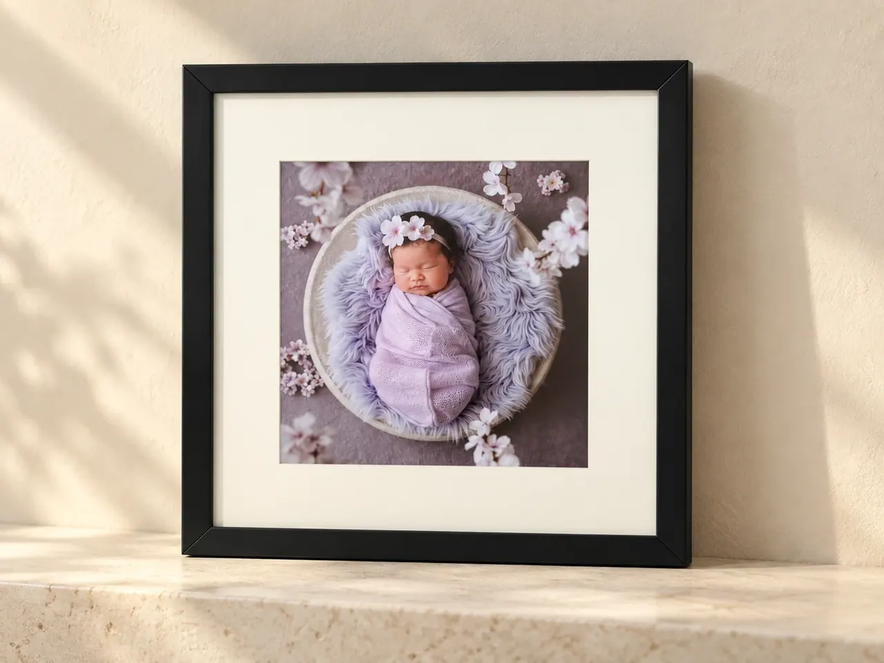 Black frame with an ivory mat around a lavender newborn portrait, resting on a light stone ledge.