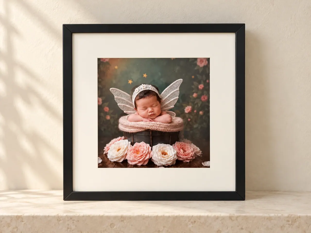 Black framed newborn portrait with delicate fairy wings and blush flowers, displayed against a warm cream wall.