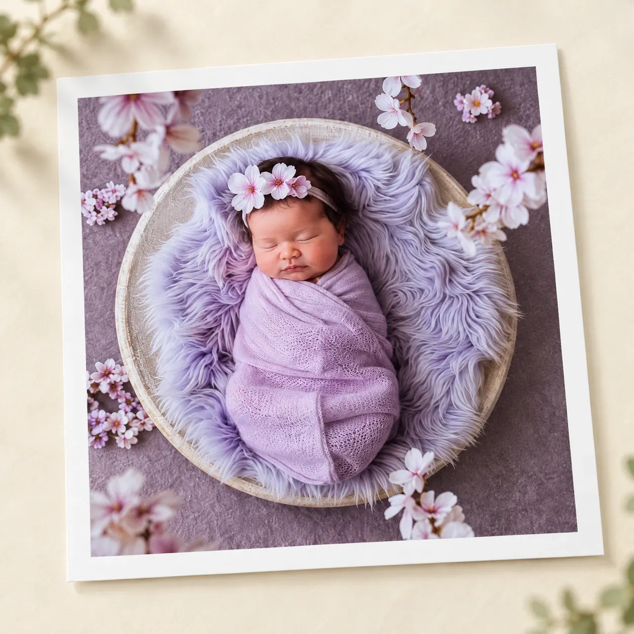 Square lavender newborn photograph printed with an even white paper border and a soft shadow on a cream surface.