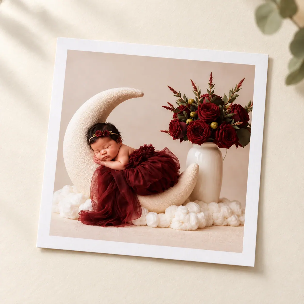Square crescent-moon newborn photograph with an even white paper border on a softly lit cream surface.