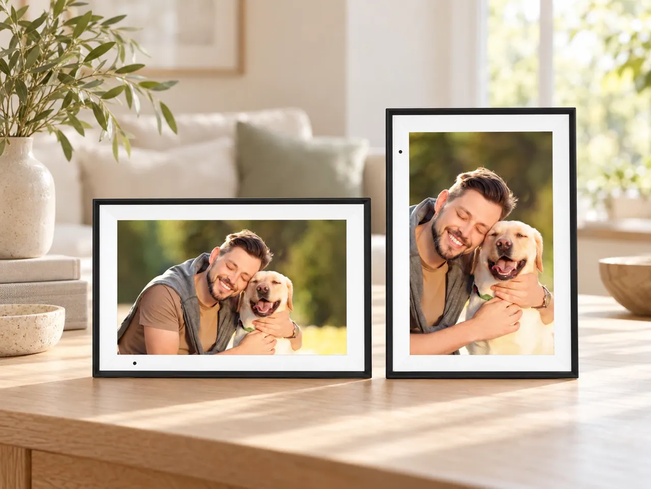 Matching digital frames shown in landscape and portrait orientation, each displaying the same man with a golden retriever.