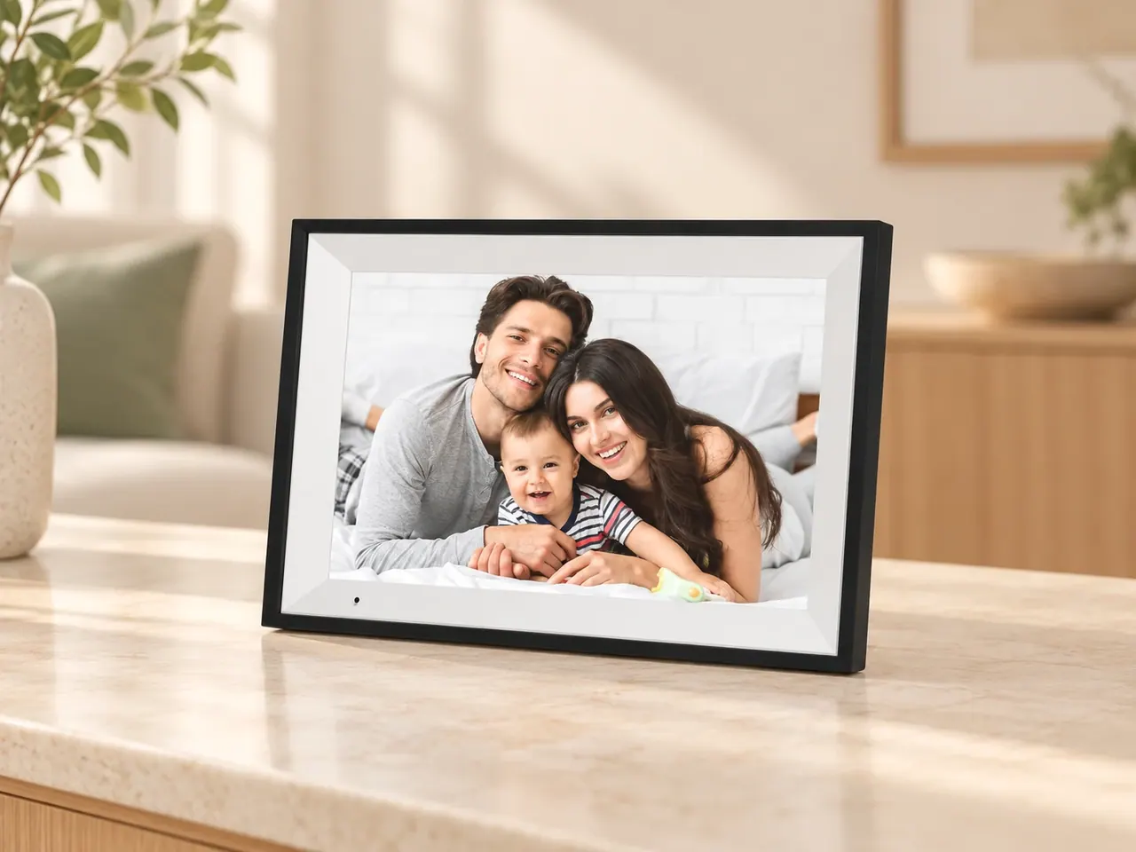 Black digital frame with a white bevelled bezel showing parents and their young child on a cream tabletop.