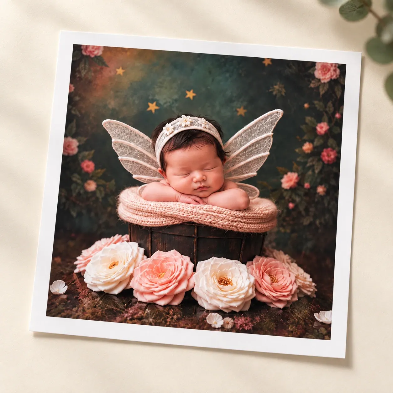 Square fairy-themed newborn photo on white-bordered photographic paper, resting on a softly lit cream surface.