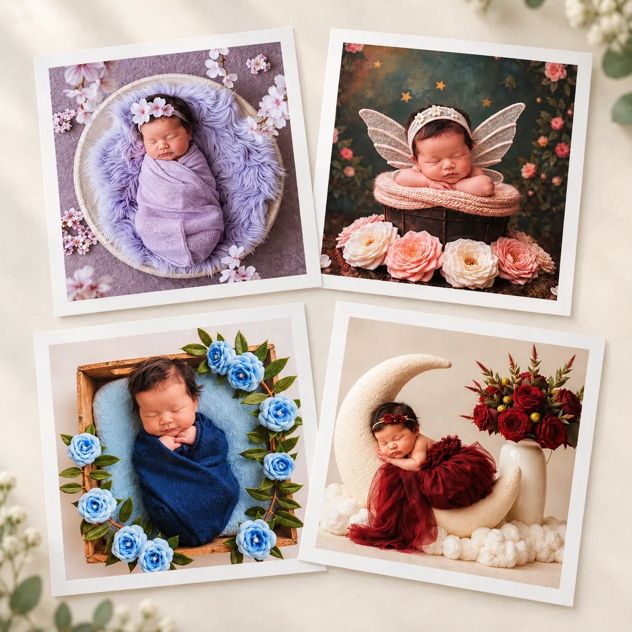 Four square newborn photo prints with white paper borders arranged on a warm cream surface.